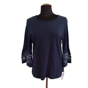BonWorth Womens Navy Top With Embroidered Floral Design Bell Sleeves, Size SP